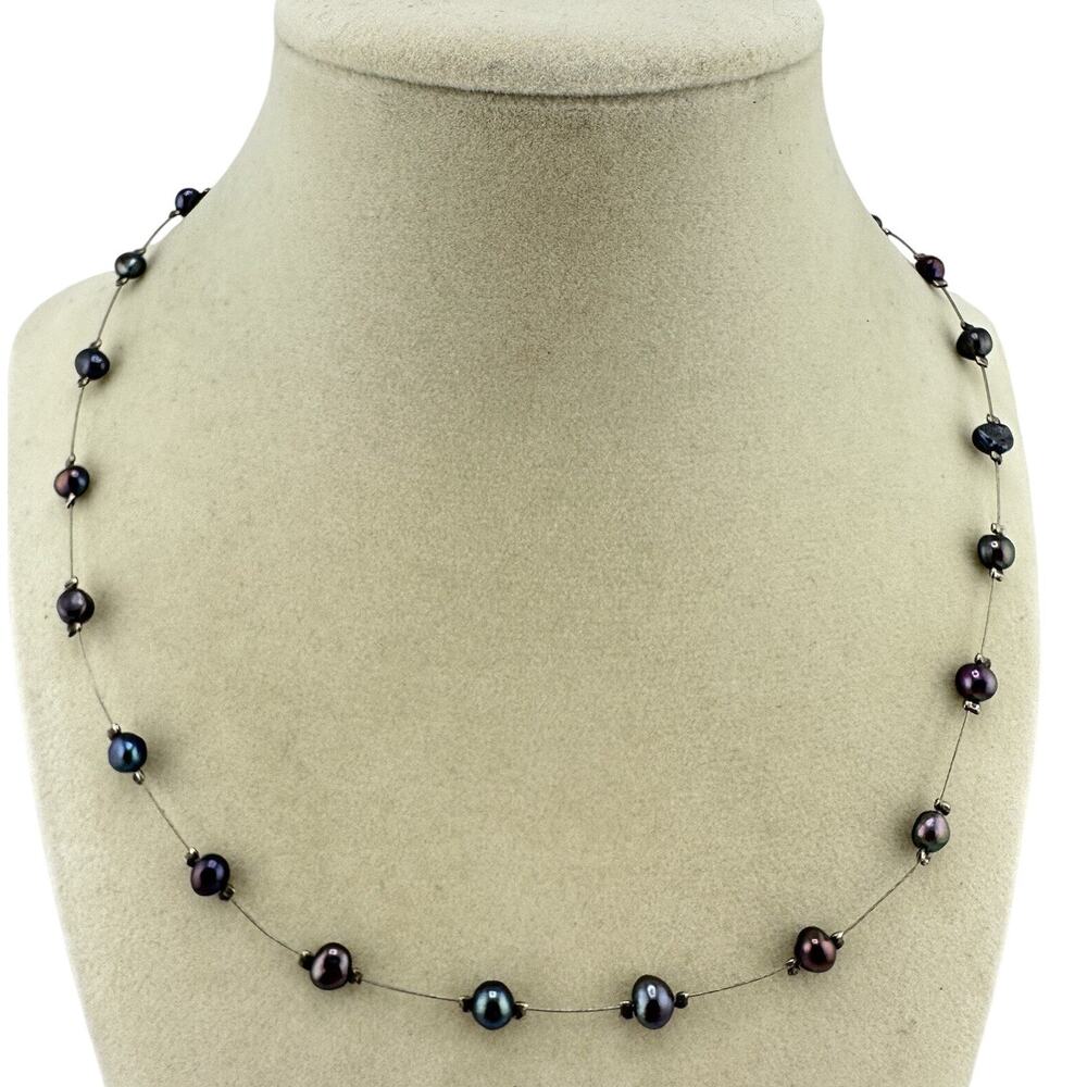 Freshwater Peacock Pearls Purple Green Memory Wire Silver Tone 18” Necklace